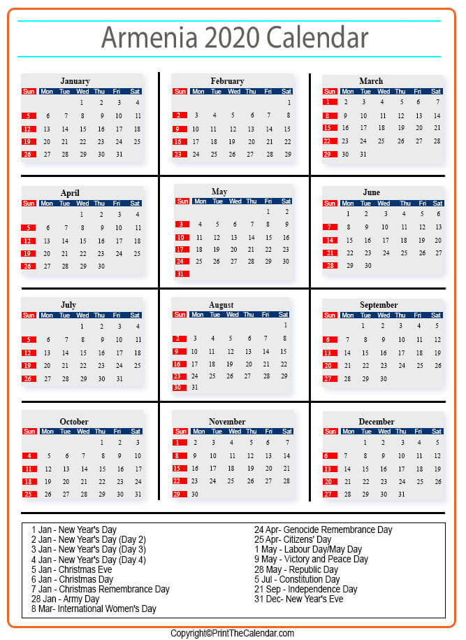 Armenia Calendar 2020